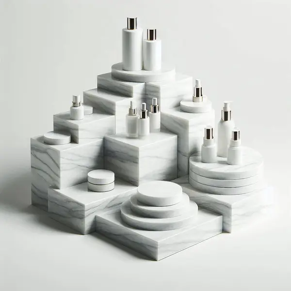 Beyaz bir podyumda geometrik şekilli ürün sergisi için podyum. En az olay yeri. ai oluşturuldu