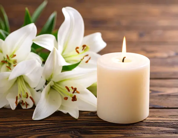 Kırsal bir ahşap Hawaii 'de yeni açmış nilüferlerin olduğu bir vazonun yanında, yumuşak parlayan bir mum.