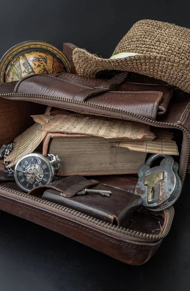 The Vintage Music Notes,the Old Book,the Analog Pocket Watch, the Key and the Antique Iron Padlock are in the Old Brown Leather Bag. The Straw fedora Hat and the Globe with Dark Background. The Good Memories are in Collectibles and Nostalgic Objects.