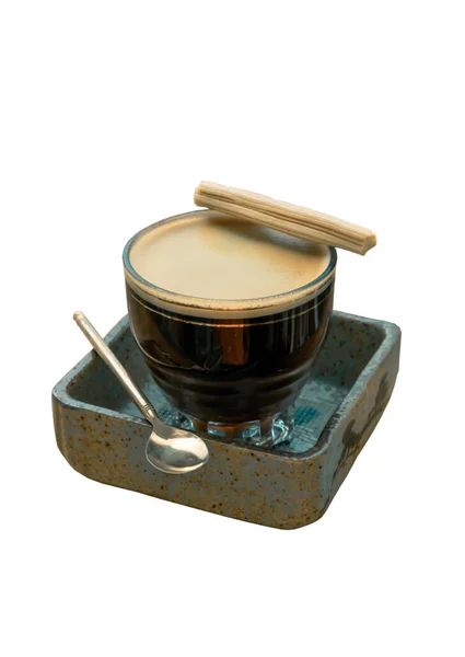 Espresso Milk Foam Served Crispy Stick Candy Transparent Glass Brass — Stock Photo, Image