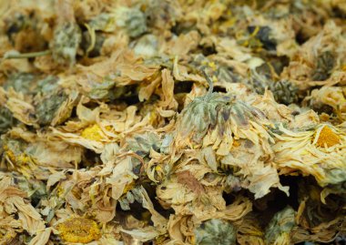 Kurumuş kasımpatı çiçeği arka planı. Bitkiler çiçek ve tıbbi konsept. Yukarıdan bulanık görünüm, metin için boşluk, Seçici odak.