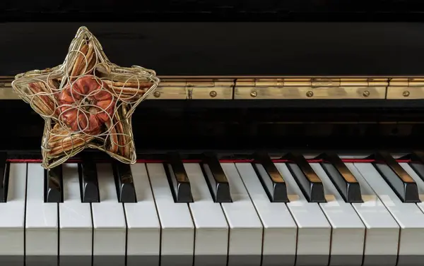 Golden star shaped mesh case is filled with dried fruits stand on the Piano Keyboard. Dried fruits in star shaped metal case on keyboard, Christmas decoration, Success concept, Space for text, Selective focus.