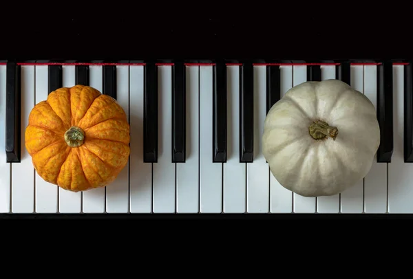 Verse Oranje Witte Pompoenen Staan Het Piano Eyboard Halloween Concept — Stockfoto