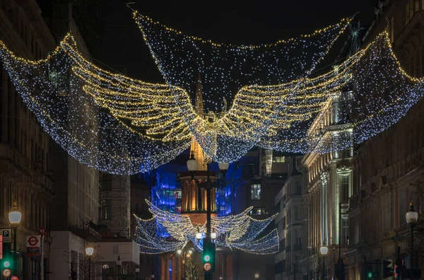 London Dec 2023 Flying Angel Christmas Decoration Led Lights Display — Stock Photo, Image