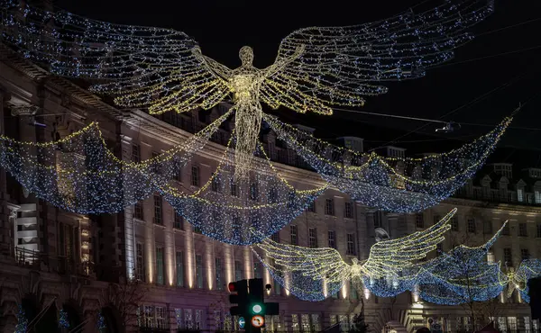 London Dec 2023 Flying Angel Christmas Decoration Led Lights Display — Stock Photo, Image