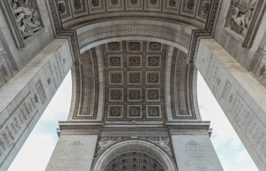 Fransa, Paris - Ocak 03, 2024 - Doğrudan ünlü Zafer Takı 'nın altından bir manzara. Zafer Kemeri 'nin altındaki oymaların görüntüsü altında ayrıntı. Paris 'in ikonik turistik mimari simgesi, Seçici Odaklanma.