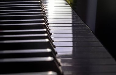 Piyano tuşlarının sığ bir derinliği var. Klasik grand piano klavye arkaplanı, metin için boşluk, seçici odak.