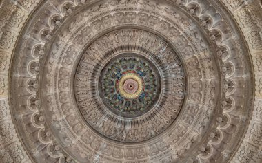 London, UK - Feb 27, 2024 - Elaborate ceiling design of intricately carved stone interior of The Shree Sanatan Hindu Mandir Hindu Temple. Look up, Space for text, Selective focus. clipart