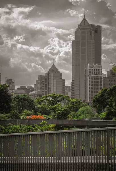 stock image Bangkok, Thailand - 22 Jun, 2024 - Architecture view of Modern high-rise buildings on blue sky background and Benjakitti park skywalk in front. Picturesque cityscape view, Space for text, Selective focus.