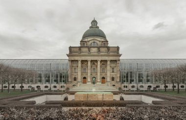 Munich, Germany - Dec 21, 2023 - Architecture exterior of Bayerische Staatskanzlei is a government building with Monument in front of entrance. Bavarian State Chancellery building (the former Bayerische Armeemuseum, Bavarian Army museum), Copy space, clipart