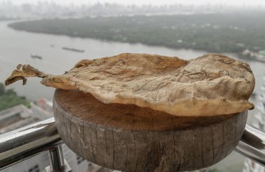 Fish Maw Soup or Dried Fish Stomach (Dried Fish Bladder) on Old wooden cutting board. Chinese dried food, Healthy eating lifestyle concept, Space for text, Selective focus. clipart