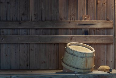 Tahta sauna odasındaki ahşap banklarda duran tahta kova ve kepçe. Sıcak bir saunada rahatla, rahatlama spa konsepti. Boşluğu kopyala, Seçici odak.