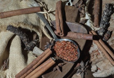 Tarçın, Yıldız anason ve Kurutulmuş Prunella Vulgaris (Xia ku cao) ile kaşık kaşık üstüne kaşık. Çeşitli baharatlar ve doğal bitkiler ilaç konsepti. Duvar kağıdı, poster ve kopyalama alanı olarak kullanın. Seçici odak.