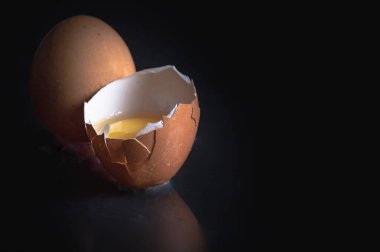 Kırık yumurta sarısı ve yumurta kabuğuyla yumurta sarısı ve siyah arka planda taze tavuk yumurtası. Çiftçiden taze yumurta, doğal organik sağlıklı gıda konsepti, yazı için alan, seçici odaklanma..