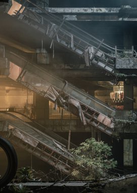 Bangkok, Tayland - 07 Şubat 2022 Terk edilmiş yeni dünya alışveriş merkezi binasındaki hasarlı yürüyen merdivenlerin dramatik manzarası. Yapısal ve harabeler zamanla bozulmaya bırakıldı. Duvar kağıdınız olarak kullanın, Poster ve Kopyala alanı, Seçici odak.