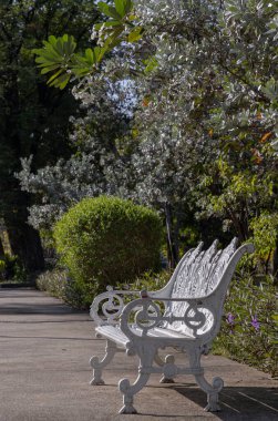 White 'ın yan görüntüsü Victoria tarzı demir bahçe tezgahı ve şehir parkının arka planında çalılık vardı. Güneş ışığı, boş, süslemeli antika bir yüzeye vuruyor. Sessiz bir parkın gölgeli bir yerinde demir tezgah açıyor ve dinleniyor..