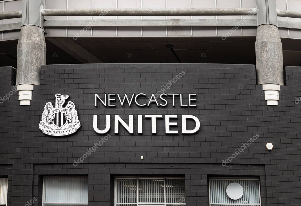 Newcastle, UK - Apr 13, 2025 - View of The Newcastle United FC logo on the exterior of St James' Park stadium is home to stadium of Newcastle United soccer club. use it as your Wallpaper, Poster and Space for text, Selective focus.