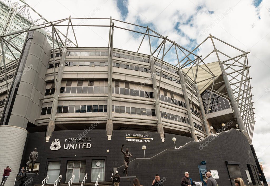 Newcastle, UK - Apr 13, 2025 - Architecture exterior view of St James' Park stadium is home to stadium of Newcastle United soccer club. use it as your Wallpaper, Poster and Space for text, Selective focus.