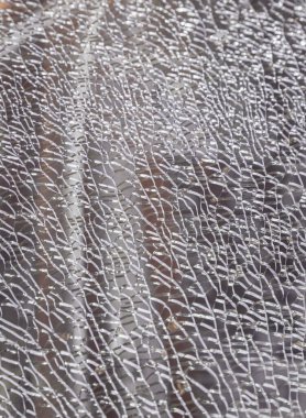 Newcastle, İngiltere - 11 Nisan 2025 - Kırık sertleştirilmiş cam levhanın ayrıntıları çok fazla düzensiz şekil parçalarını bir arada tutuyor. Kırık cam dokusu darbeyle çatlamış, cam yüzey zemininde çatlaklar var, bunu duvar kağıdı olarak kullan, poster olarak..