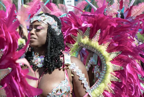 Sanatçı, Notting Hill Karnavalı 'nın büyük, tüylü başlığı ve süslü mücevherleriyle süslü renkli ve çetrefilli bir kostüm giyerek Karayip kültürü ve tarihi kutlamalarıyla tanınıyor.