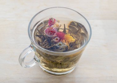 Çiçek açan çay (çiçek açan çay veya sanatsal çay). Kurutulmuş çay yapraklarından yapılan ve yenilebilir çiçeklerin etrafına sarılmış el yapımı bir çay türüdür. Aranth, kasımpatı ya da gül gibi. Sıcak suda demlendiğinde, çay topu yavaşça açılır.