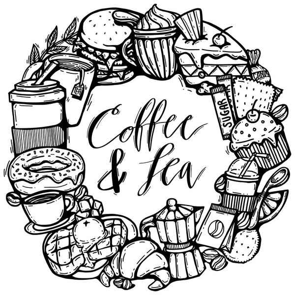 cute doodle cartoon coffee and bakery shop. vector outline hand drawn for coffee and bakery for cafe menu, including supply item and equipment isolated on white background. drawing style