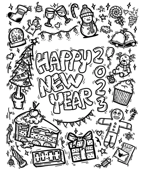 Cute Drawing Doodle Cartoon Happy New Year 2023 Theme Vector — Stock Vector