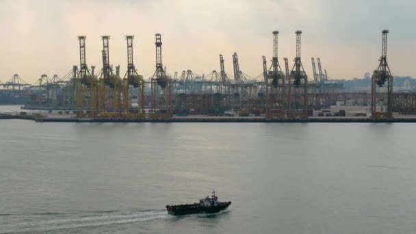 Schiff Fährt Hafen Mit Einem Kaikran Zum Heben Von Containern — Stockvideo