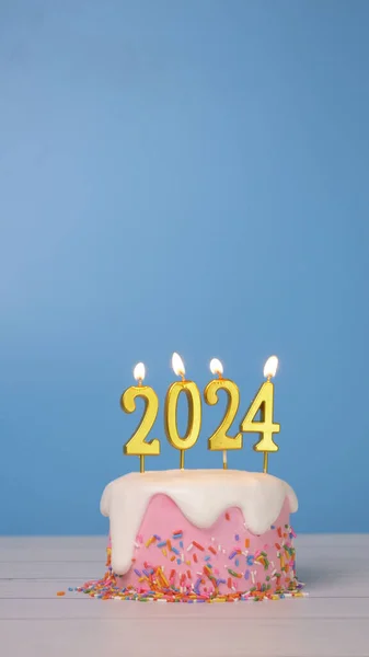 Happy New Year 2024 Pink Birthday Cake Decorate Colorful Sugar — Stock Photo, Image