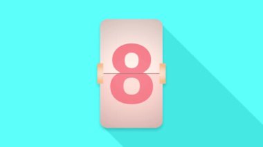 4 bin. Basitçe 9 'dan 0' a doğru sayım lideri grafiği. Rakamlar ters, pembe çevirmeli saat 9 'dan 0' a doğru sayıyor. Mavi arkaplanda gölge izole edilmiş.