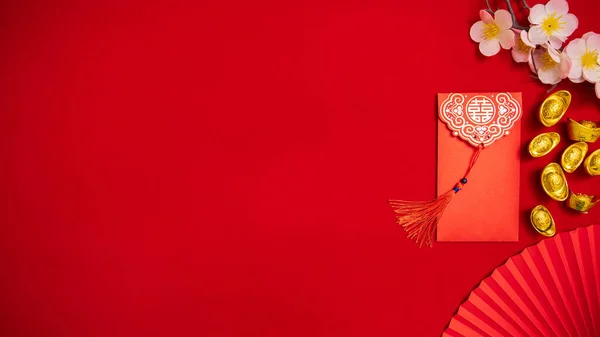 Plat Lag Chinese Maan Nieuwjaar Achtergrond Rode Envelop Tae Eia — Stockfoto