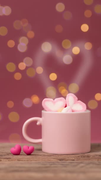 Bebida Quente Com Forma Coração Fumaça Xícara Café Rosa Com — Vídeo de Stock
