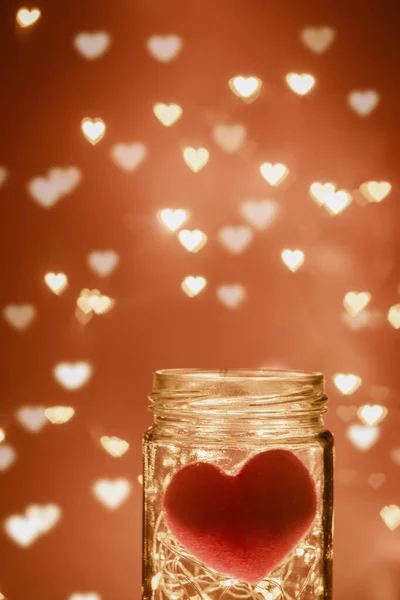 Glazen Pot Met Led Warm Licht Rood Hart Binnen Glans — Stockfoto