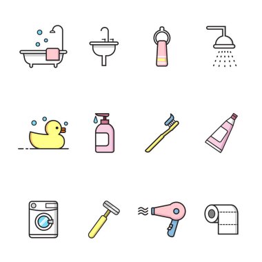 Beyaz arka planda izole edilmiş şirin banyo malzemelerinin vektör kümesi