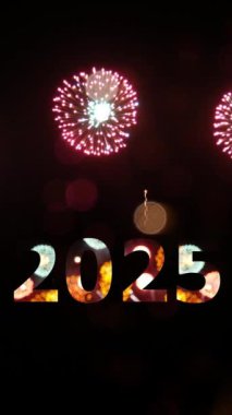 Dikey 4K. 2025 yılının havai fişeksiz döngüsü. Yeni yıl arifesi geri sayım kutlamaları sırasında karşılama. Gökyüzünde gece renkli bir şekilde aydınlatıcı havai fişek festivali.
