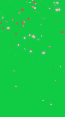 Dikey 4K. Parçacık pembe kalp şeklinin kusursuz döngüsü, krom anahtar yeşil ekran arka planında izole edilmiş dekorasyon için aşağıya düşüyor.