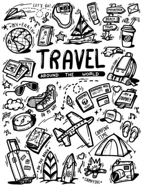 Dünyayı dolaşmak. Yaz tatili seyahati için simge kümesi, el çizimi çizgi film vektör çizimi ana hatları, beyaz arkaplanda izole siyah kalın çizgi.