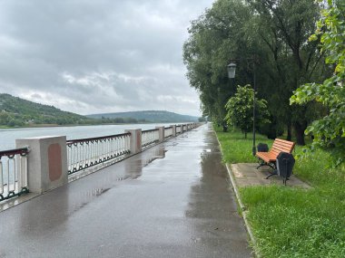 Bulutlu bir günde yağmurdan sonra bir park. Islak bir kırmızı tuğla yolu yemyeşil ağaçlar ve çimenler arasında süzülür. Arka planda banklar ve bir çardak görülebilir.. 
