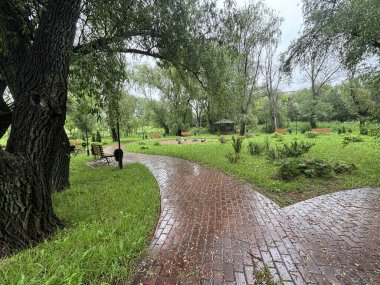 Bulutlu bir günde yağmurdan sonra bir park. Islak bir kırmızı tuğla yolu yemyeşil ağaçlar ve çimenler arasında süzülür. Arka planda banklar ve bir çardak görülebilir.. 