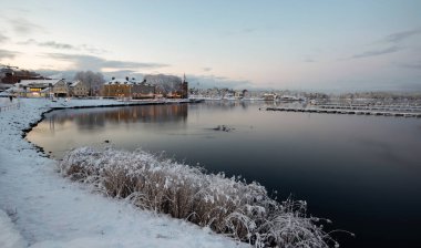 Bir kış sabahı aşırı gelişmiş göl kenarı.