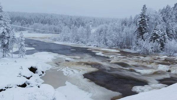 Folyó Gyors Áramlása Hófödte Erdővel Körülvéve Egy Fagyos Téli Napon — Stock Fotó