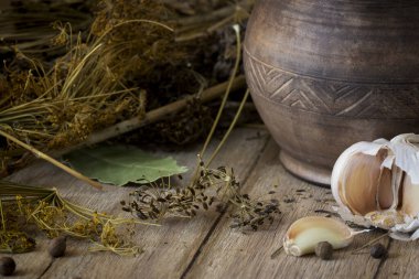 Tahta bir masada kurumuş dereotu dalları ve sarımsak.