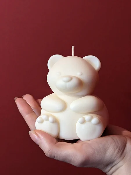 Handmade Soy Wax Candle Shape Teddy Bear Red Background Royalty Free Stock Images