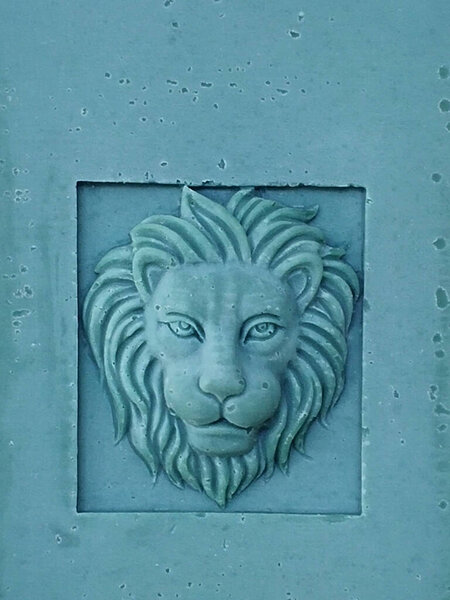 Totem Monumental Handmade Candle Lions Head Bas Relief Closeup Stock Photo