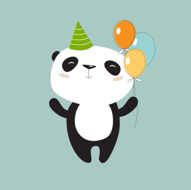 Yazdır. Balonlu şirin vektör panda. Panda 'nın doğum günü var. Çizgi film pandası bayramı kutluyor. Asya hayvanı.