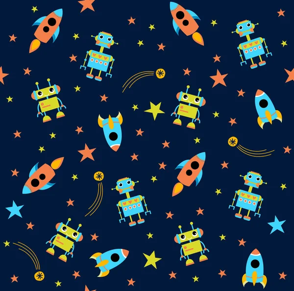 ベクトルシームレスな空間背景 ロケット ロボット 隕石の宇宙背景 漫画ロボット 少年のためのスペースの背景 — ストックベクタ