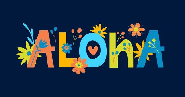 Afdrukken Heldere Floral Topografische Kaart Aloha Hawaï Vector Bloemen Letters — Stockvector