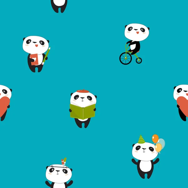 Drukuj Płynne Tło Kreskówkowymi Pandami Panda Rowerze Panda Rysuje Panda — Wektor stockowy