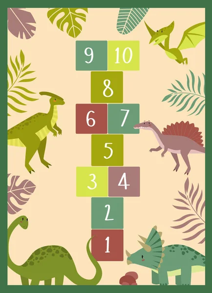 Imprimir Esteira Jogo Para Crianças Com Dinossauros Números Animais Desenhos —  Vetores de Stock