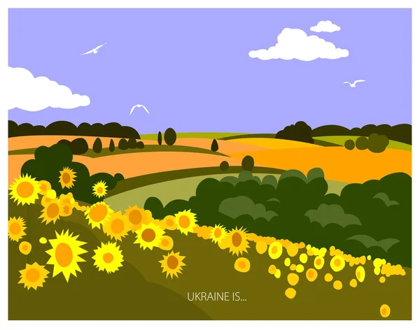 ウクライナだ ウクライナの風景 ポスター ウクライナは 農村風景です ポストカード招待状ポスターバナー ひまわり畑 — ストックベクタ